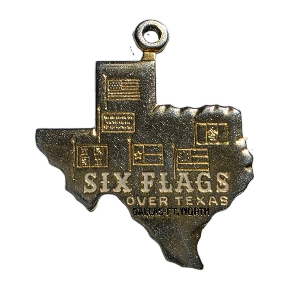 Vintage Six Flags Over Texas Map Charm 10K GF Dallas Ft Worth Souvenir Pendant